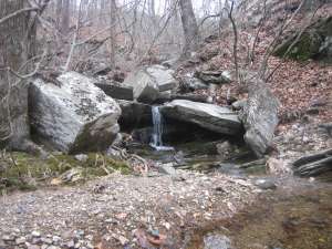 A small creek flowing across some boulders into Caney Creek.